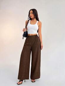 SHEIN PETITE Women's Casual Versatile Commute Wide Leg Pants - Mocha Brown - View 6