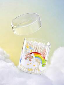 SHEIN X Care Bears 高硼矽玻璃儲存罐，卡通印花，透明化妝品收納盒，適用於棉片、棉棒、牙線、牙籤，可愛桌面收納容器，適合浴室梳妝台使用 - 無色 - 查看 1