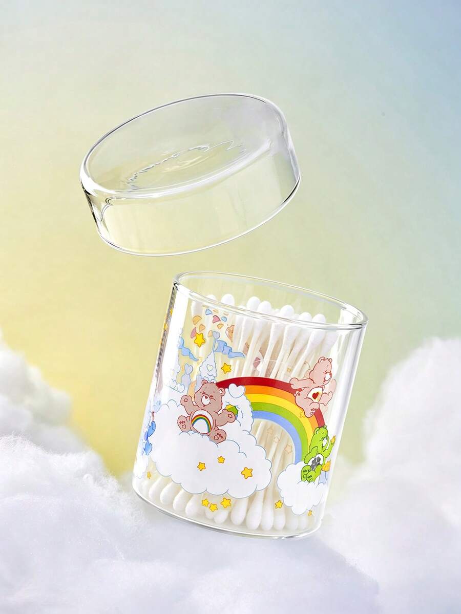 SHEIN X Care Bears 高硼矽玻璃儲存罐,卡通印花,透明化妝品收納盒,適用於棉片、棉棒、牙線、牙籤,可愛桌面收納容器,適合浴室梳妝台使用 - 無色 - 查看 1