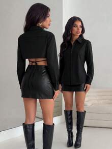 Avantive Kemeja Wanita Warna Polos, Bagian Depan Pendek, Bagian Belakang Panjang, Ikat di Depan - Hitam - View 7