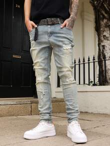 QuarKem Men's Casual Ripped Pocket Street Wear Denim Jeans - Light Wash - View 3