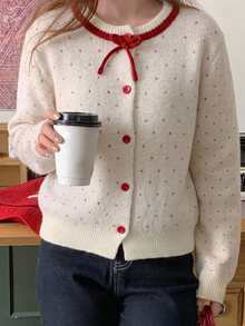DAZY Girls (Big) Loose Polka Dot Contrast Color Bow Decor Cute Autumn/Winter Sweater Cardigan - Beige - View 5