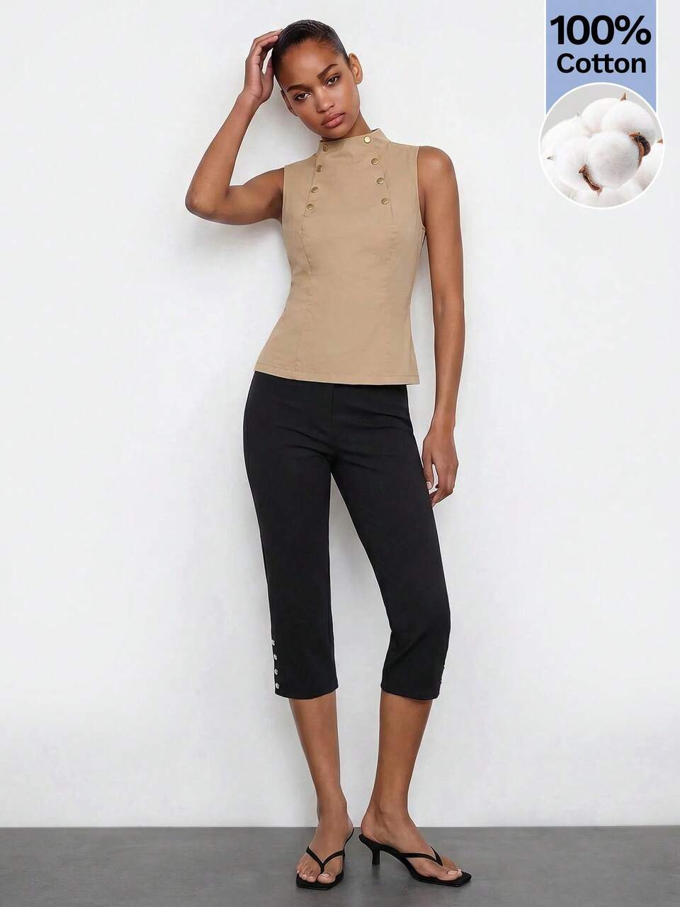 SHEIN Maija Khaki Mock Neck Button-Up Sleeveless Fitted Waist Women's Top, Urban Chic Casual Elegant Summer Teachers' Day Back To School Party Business Office