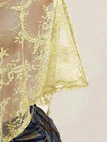 SHEIN ICON 女款大尺碼性感透視蕾絲罩衫 - 淡黃色 - 查看 4