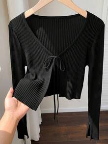 Comfortcana Casual Versatile Solid Color Tie-Front Knit Cardigan - Black - View 7
