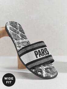 VACAZURE 寬版女款刺繡 PARIS 飾帶夾腳拖鞋，單色時尚印花鞋墊，獨特寬版設計，現代百搭，夏季旅行必備 - 黑與白 - 查看 1