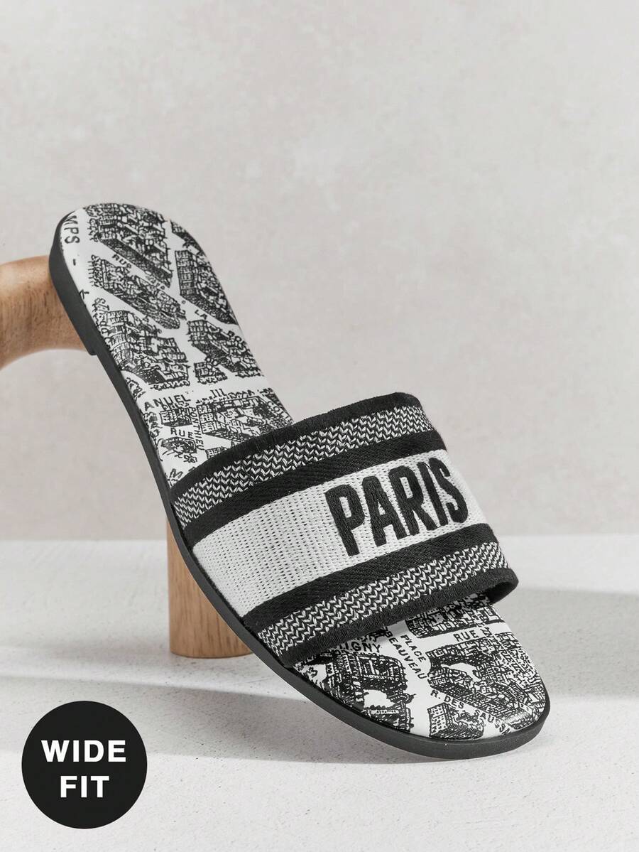 VACAZURE 寬版女款刺繡 PARIS 飾帶夾腳拖鞋,單色時尚印花鞋墊,獨特寬版設計,現代百搭,夏季旅行必備 - 黑與白 - 查看 1