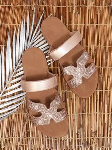 VACAZURE Women Shoes Slide Comfort Rhinestone Rose Gold Slip-On Summer Shoes - Rose Gold - View 2