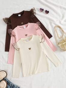 SHEIN Sparklyn 3件組女童秋冬保暖內搭上衣，刺繡愛心長袖上衣，幼女服飾套裝 - 彩色 - 查看 4