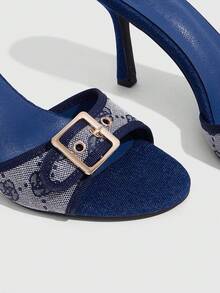 CUCCOO SZL Giày nữ denim xanh in hoa hồng, thiết kế khóa vàng, thời trang gợi cảm thanh lịch, mũi tròn, dép cao gót - Màu xanh Denim - Xem 5