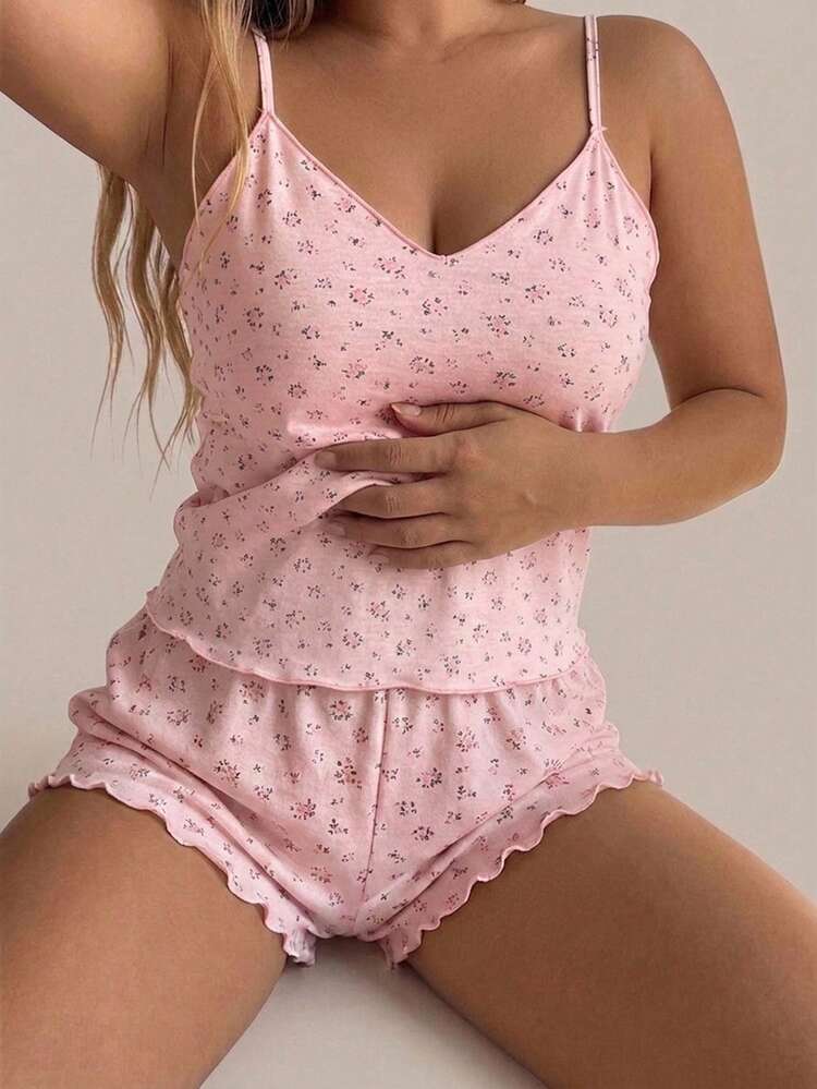 Dazy Plus Plus Size Women's Spring/Summer Pajama Set With Ditsy Floral Camisole Top And Elastic Waist Shorts - Pink - View 1