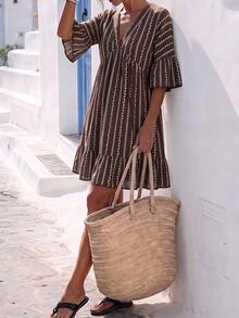 SHEIN Holidaya Gaun Kasual Bergaris Cokelat Gaya Boho Elegan untuk Liburan Musim Panas - Coklat - View 4
