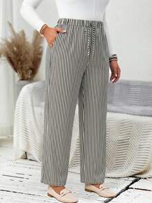 EMERY ROSE Plus Size Women's Casual Daily Striped Long Pants (With Pockets), Suitable For Spring, Summer, Autumn And Vacation Wear - Black - View 3