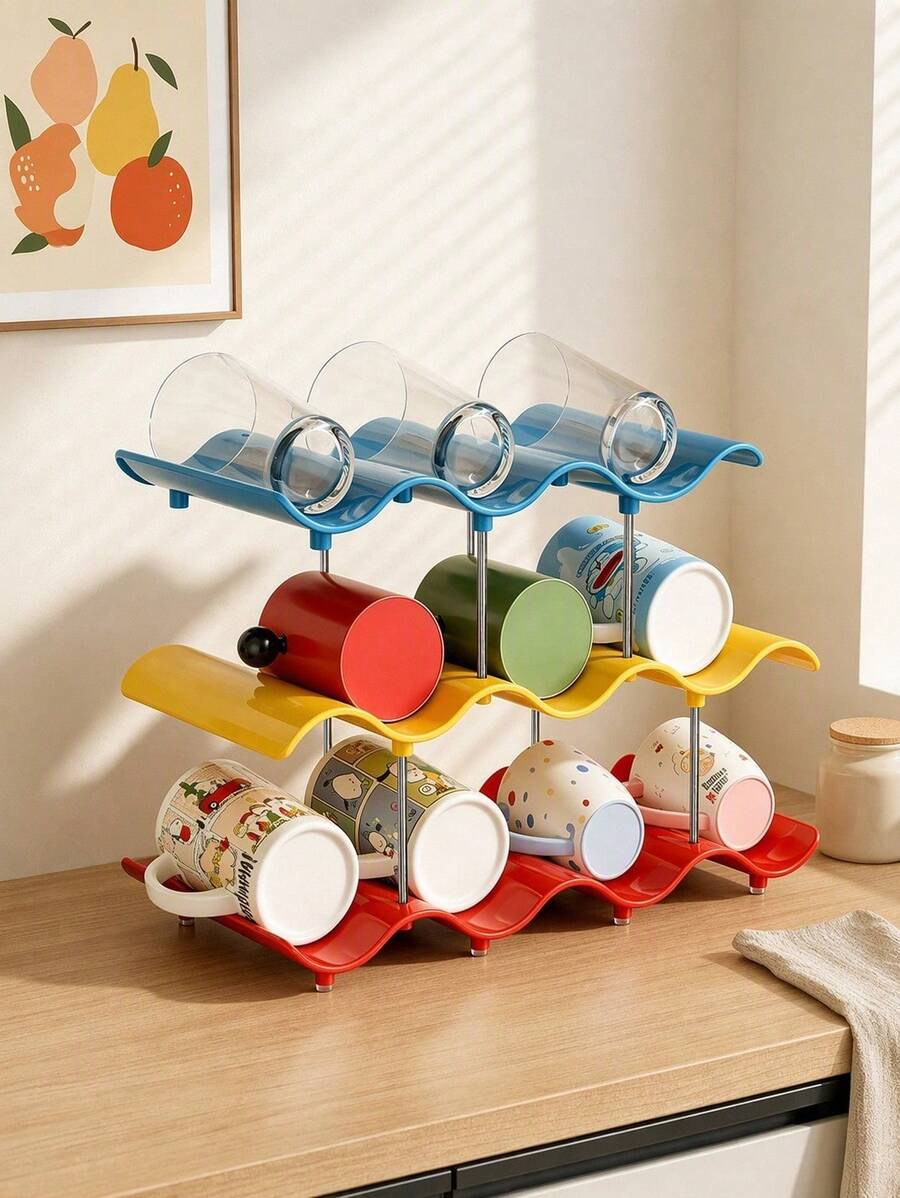 Haus Hana 1pc Wavy Rim Cup Storage Rack, Stackable Multi-Tier Mug Holder, Wine Display Stand For Bar & Living Room - multicolor - View 1
