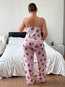 Napfluff CURVE Napfluff CURVE Light Pink Bear Print Camisole Pants Pajama Set, Lace Trim Spaghetti Strap Long Pants Sweet Girl Home Wear 2 Pieces Set Night Summer - Pink - View 2