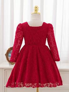 SHEIN Elladie kids 優雅紅色蕾絲公主禮服，甜美方領泡泡長袖A字長裙，適合聖誕新年節日派對 - 紅色 - 查看 2