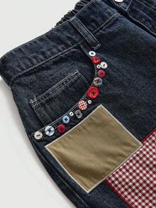 ROMWE Y2K Millennium Vintage Plaid Apple Patch Embroidery Loose Casual Low Waist Plus Size Women's Jeans - Dark Wash - View 4