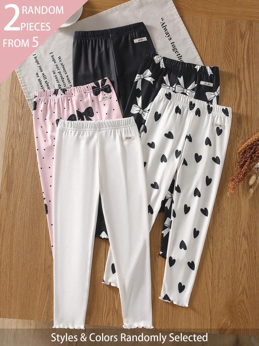 Souflis Souflis 5 piezas enviadas al azar 2 piezas leggings de punto acanalado suave y cómodo con corazón y lazo dulce y lindo versátil para niñas primavera verano todas las estaciones - Multicolor - Ver 1