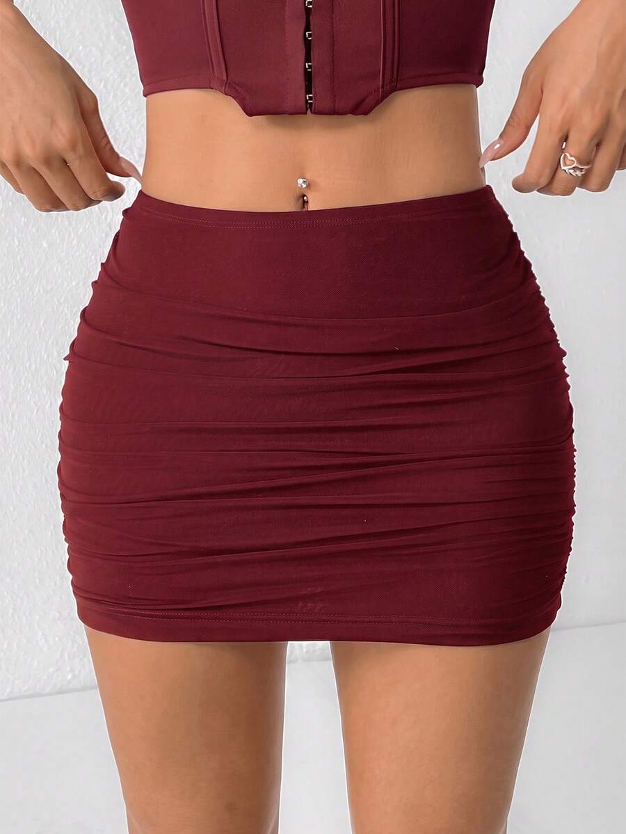 SHEIN PETITE 雙層網紗遮臀裙 - 酒紅色 - 查看 1