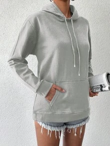 EURMUSE Women's Solid Color Drawstring Hoodie - Grey - View 5