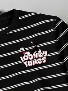 LOONEY TUNES X SHEIN Manfinity Joysei 男士可愛卡通印花條紋拼色短袖T恤 - 黑色 - 查看 2