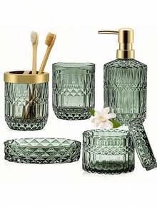 5PCS Bathroom Accessories Set, Lotion Dispenser Toothbrush Holder Soap Dish Cotton Jar, Modern Vanity Countertop Storage Organizer, Elegant Home Decor Gift For Housewarming, Durable Bathroom Kit For Apartment, Complete Bathroom Decor Set - Multicolor - View 9