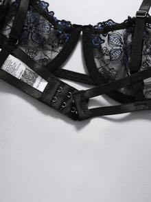 EmpressEnvy 2pcs/Set Romantic Embroidery Women's Lingerie Sexy Bra And Thong Panty Set - Black - View 4