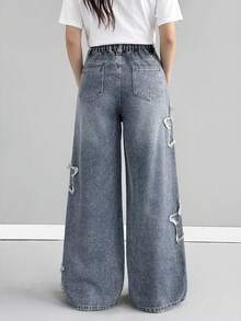 SHEIN Girlism 青少年女孩磨邊星形藍色牛仔寬鬆寬腿褲 世界盃 日 海灘 - 藍色 - 查看 4