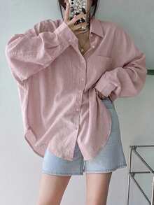 DAZY Women's Solid Color Regular Collar Oversized Loose Fit Shirt - Pink - View 3