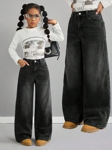 SHEIN Celana Jeans Longgar Berpinggang Rendah Warna Biru Retro untuk Anak Perempuan - Hitam - View 1