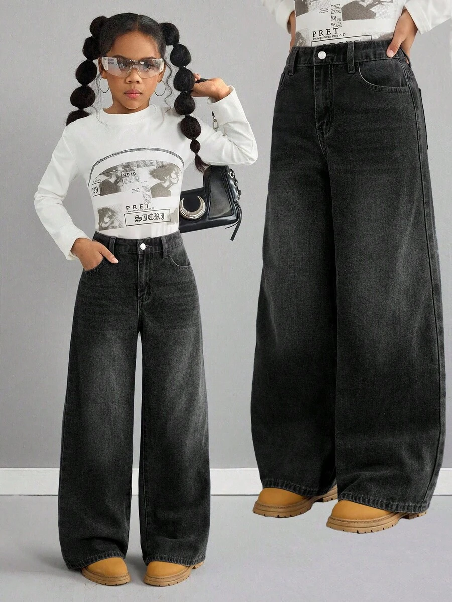 SHEIN Celana Jeans Longgar Berpinggang Rendah Warna Biru Retro untuk Anak Perempuan - Hitam - View 1