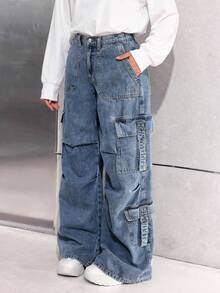 SHEIN 少女蓝色宽松牛仔工装裤 - 中等水洗藍 - 查看 3