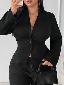 SHEIN SXY Plus Size Summer Black V-Neck Long-Sleeved Fitted Short Coat With Button Decorations, Concert Cocktail, Office, Elegant, Formal, Old Money, Classic - Black - View 7