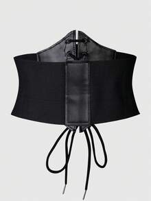 ROMWE Fairycore 1pc Black Hexagonal Waist Cincher Corset Belts With Hollow Lace Trim, Musical Note Accents, And Embroidered Black-And-White Piano Key Pattern, Dark Gothic Style - Key Notes Hexagonal Waist Seal - View 3