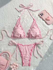 Bonvoyette Y2K Hot Girl Style Contrast Color Ruffle Halter Tie Bikini Two-Piece Swimwear Set For Beach Vacation - Multicolor - View 4