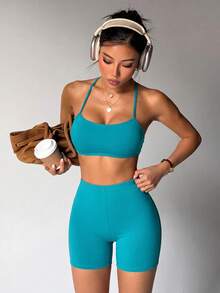 Gameset SHEIN Sport Women's Bra Tank Top Shorts Sports Sporty Sexy Set Gym Workout Teal Summer - Aqua Blue - View 3