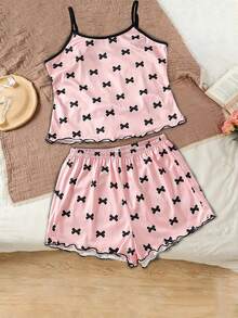(Random 1 Set) Tween Girls Pajamas Bow Print Camisole Top With Short Sleeve Combination Loungewear - Multicolor - View 1