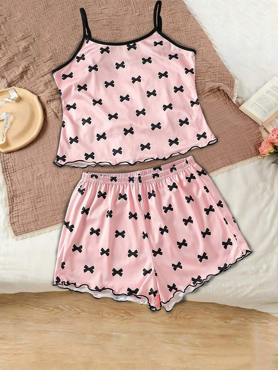 (Random 1 Set) Tween Girls Pajamas Bow Print Camisole Top With Short Sleeve Combination Loungewear - Multicolor - View 1