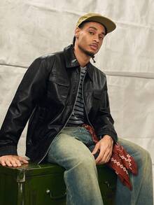 Loose Fit Men's Long Sleeve Flap Pocket PU Leather Zipper Front Rave Jacket, For Fall Winter - Black - View 10