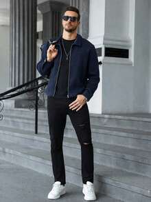 Manfinity Homme 男士時尚百搭拉鍊長袖大衣，適合通勤穿著 - 藏蓝色 - 查看 5