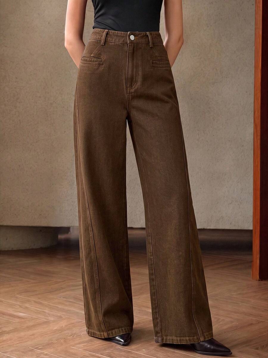Anewsta Fashionable Modern All-Season Deep Blue Commuter Versatile Colorblock Design Holiday Women's Jeans - Brown - View 1