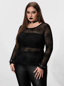 SHEIN CURVE+ 大尺碼女款黑色蜘蛛網圖案透視上衣，萬聖節 - 黑色 - 查看 3