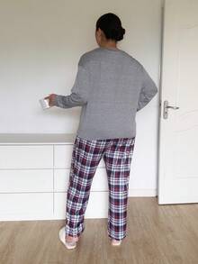 Napfluff CURVE Napfluff CURVE Plus Size Women's Casual Knit Plaid & Letter Print Loungewear Pajama Set - Grey - View 2
