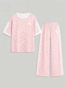 Set 2 Potong untuk Anak Perempuan Remaja: Kaos Leher Bulat Bahu Jatuh dan Celana Panjang Lurus Longgar - MultiWarna - View 3