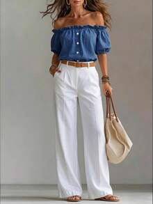 LUMIGAL New French Style Casual Romantic Off-Shoulder Petal Sleeve Denim Top Brunch Vacation Blue Summer - Blue - View 7