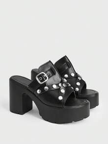 Sugerpunk Women's Punk Style Buckle Pattern Bump Nail Slip-On Design Platform Fashion High-Heeled Sandals - Black - View 5