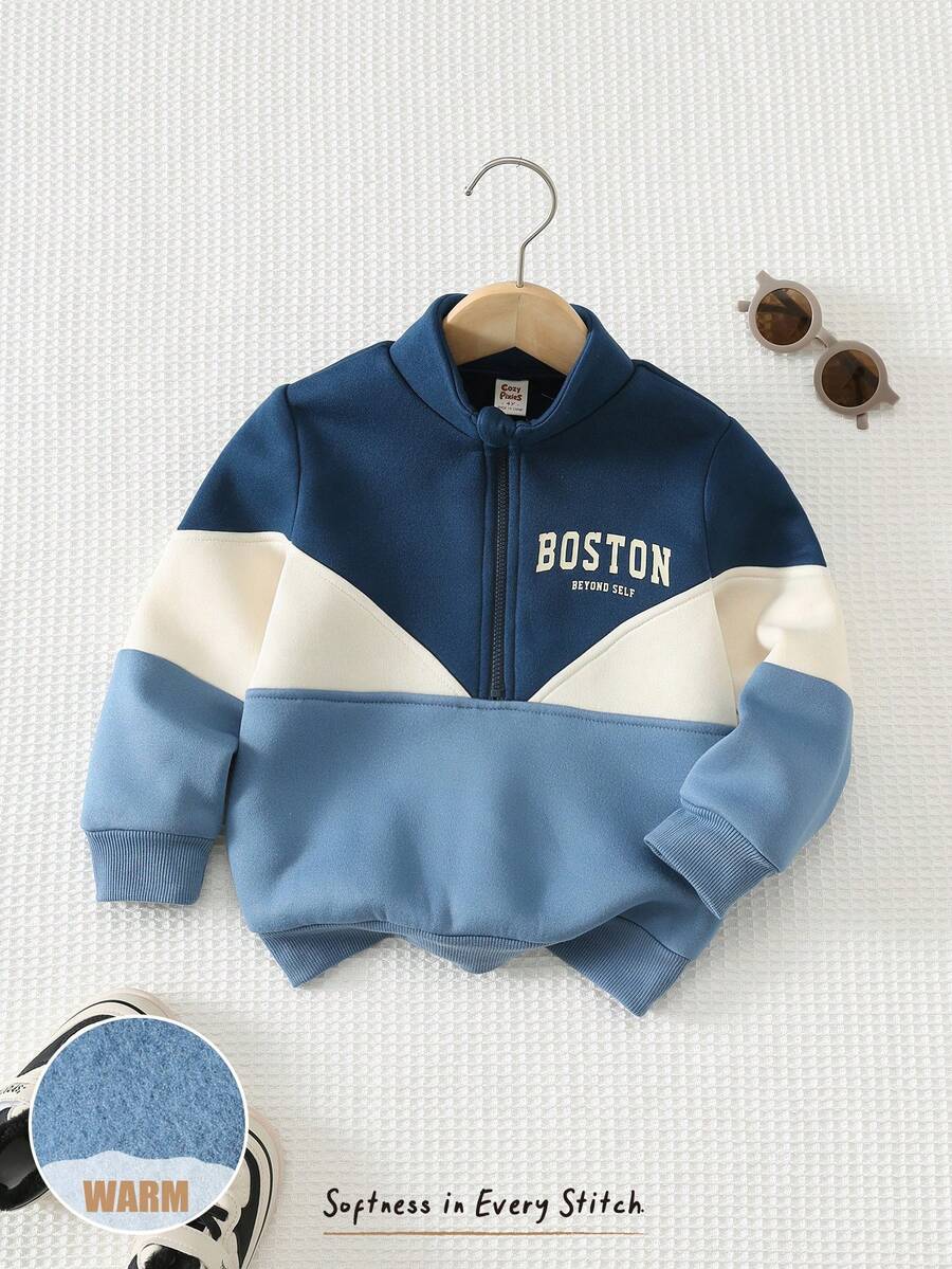 Cozy Pixies Young Boy Colorblock Patchwork Knit Soft Crew Neck Long Sleeve Pullover Half-Zip Sweatshirt, Versatile And Comfortable - Blue - View 1