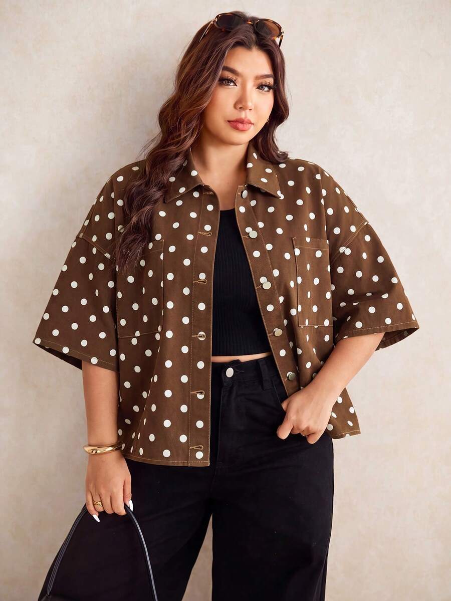 Elaquor Plus Size Polka Dot Print Denim Top - Brown - View 1
