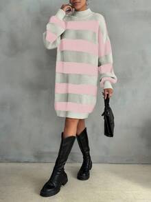 EURMUSE Women Drop Shoulder Sweater Dress With Striped Pattern - Baby Pink - View 2