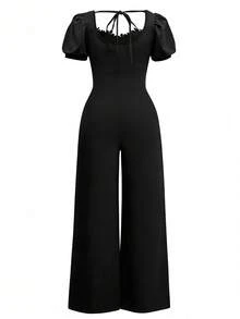 Femmeverse Plus Size Women's Fashion Elegant Jacquard Fabric Lace Patchwork Lantern Short Sleeve Solid Color Jumpsuit - Black - View 2